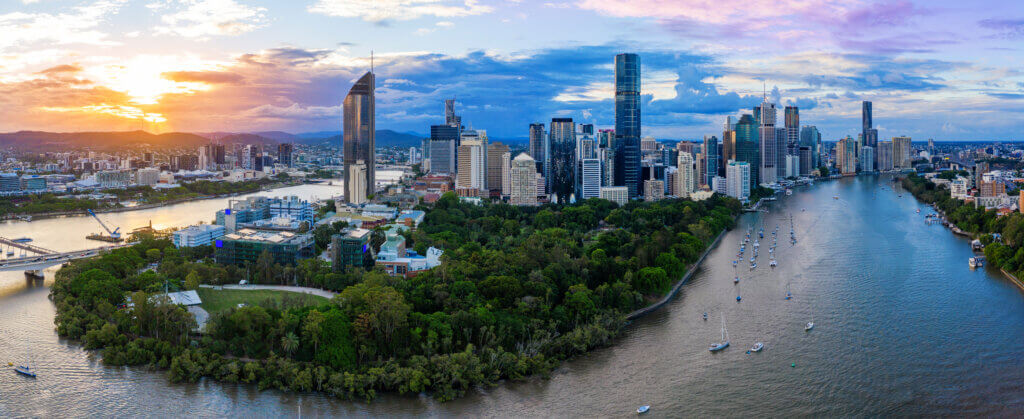 Panorama of Brisbane skyline at sunset, Australia