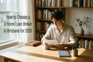 Man reading a document at a timber desk in front of a bookshelf, beside the title How to Choose a Home Loan Broker in Brisbane for 2026