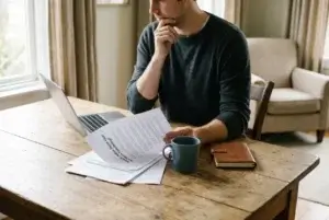 Man reading printed home loan documents at a kitchen table beside a laptop and coffee mug
