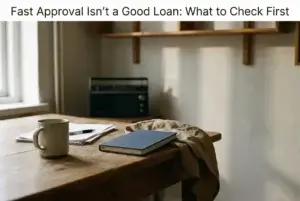 Quiet wooden desk with a coffee mug, papers and a closed notebook under the title Fast Approval Isn't a Good Loan: What to Check First