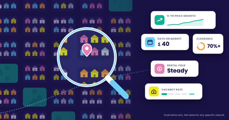 Magnifying glass over a suburb map with cards showing price growth, days on market, clearance rate, rental yield and vacancy rate