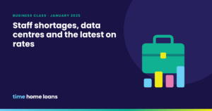 Illustration of a green briefcase above a small bar chart for the Business Class January 2025 news